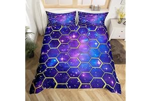 Manfei Yellow Honeycomb Duvet Cover Set Toddler Size, Blue Galaxy Bedding Set 2pcs, Geometric Hexagon Print on Starry Sky Quilt Cover, Kids Boys Girls Room Decor, 1 Pillowcase, No Comforter