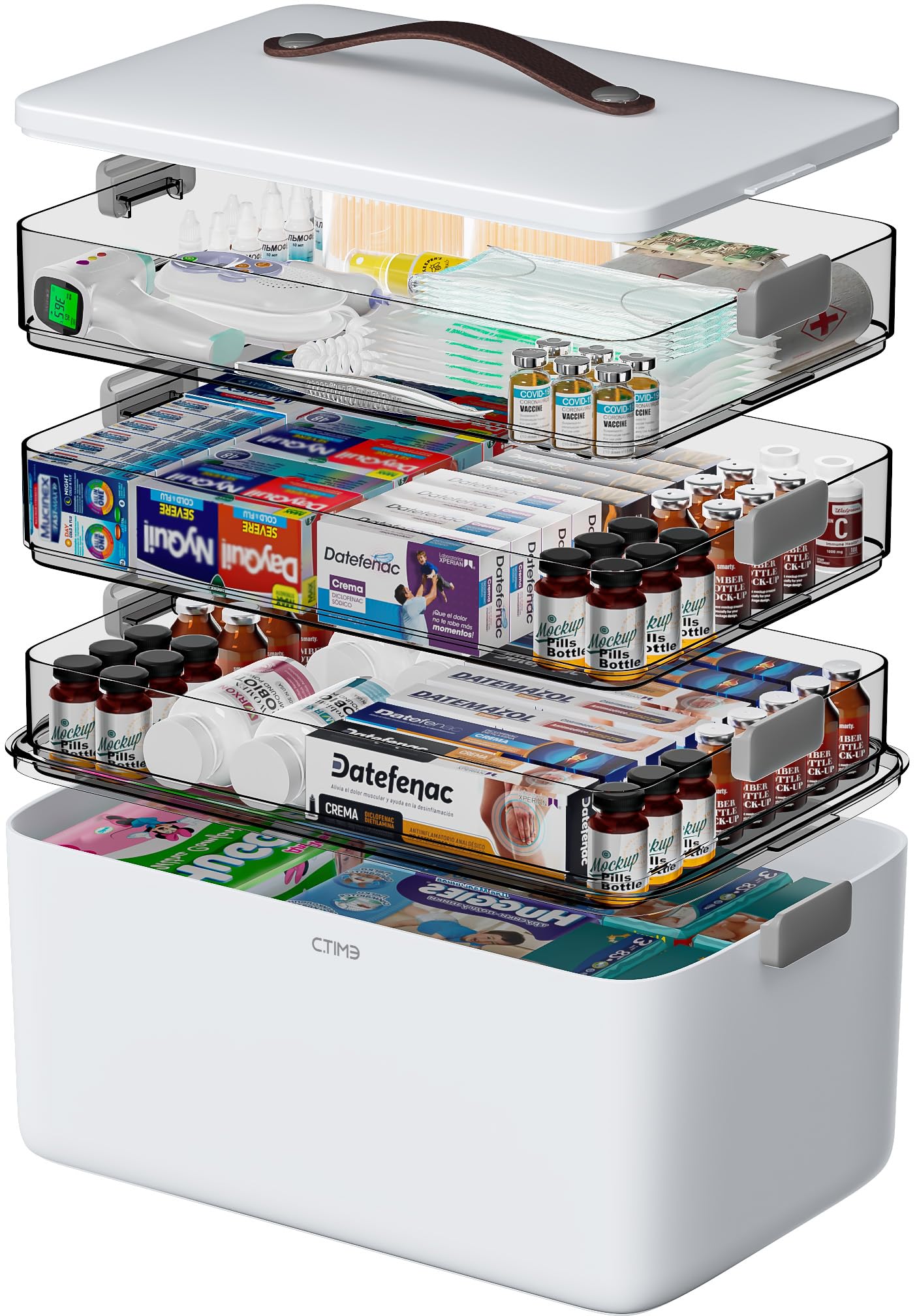 Photo 1 of *USED** **DAMAGE** CTIME 4-Tier XL Medicine Organizer - Portable Medicine Cabinet with Leather Handle, Empty First Aid Kit for Home Organization Must, School, Dormitory, Travel, RV, Dorm, Ideal Elderly Gift