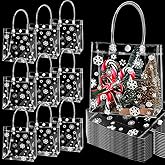 Gueevin 60 Pcs Christmas Clear Gift Bags with Handles Bulk Plastic Candy Treat Snowflake Party Gift Bags PVC Wine Tote for Wedding Birthday Party Favor(6.3 x 5.9 x 3.15 Inch)