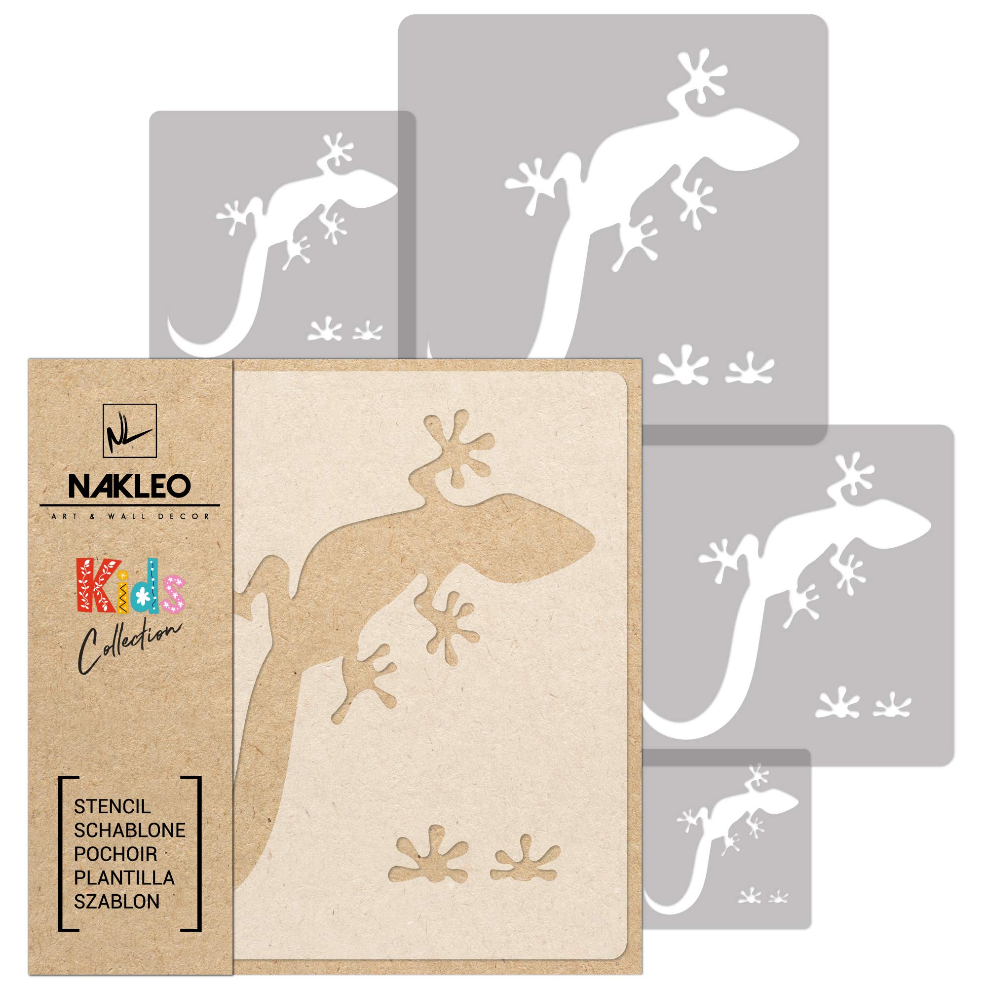 NAKLEO Painting Stencils Set for Nursery Room, 5 Pcs Templates 9x9 to 34x34cm Gecko Lizard Reptile, Plastic and Reusable Drawing Stencils, Decor, Craft DIY Wall Furniture