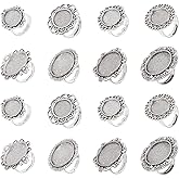 SUNNYCLUE 16Pcs 8 Styles Antique Silver Adjustable Blank Flower Cabochon Ring Settings Flat & Oval Ring Components Bezel Setting Trays for Women DIY Jewelry Making Crafts