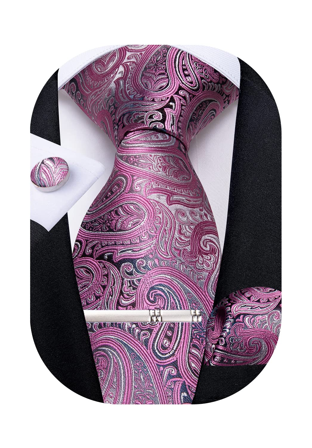 DiBanGu Mens Tie Set Silk Pink Paisley Necktie and Pocket Square Cufflinks Tie Clip Set Classic Formal Ties for Wedding