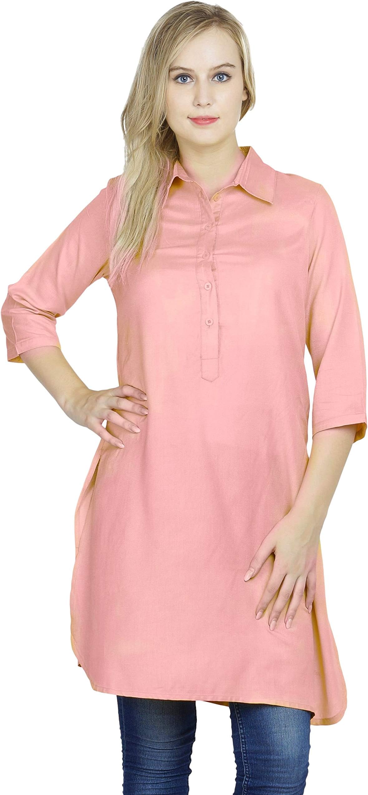 PATRORNA Women's Cotton Viscose Blend Classic Collar Formal Tunic Tops (Multiple Colors, Size XS-10XL)