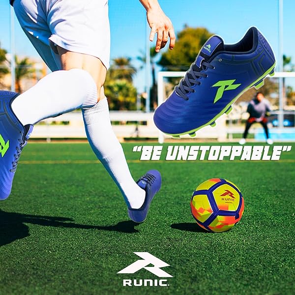 RUNIC SOCCER CLEATS FOR MEN – FIRM GROUND SOCCER SHOES WITH MULTI-SHAPED STUDS, FOOTBALL SHOES WITH TEXTURED FOREFOOT, SOFT LINING, FLEXIBLE UPPER, AND REINFORCED STITCHING