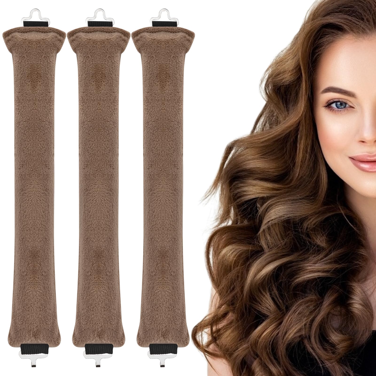 3Pcs Heatless Curlers, Heatless Curls Hair Rollers for Long Hair, No Heat Overnight Curlers Blowout Rods Soft Satin Sleeping Lazy Curler (Khaki)