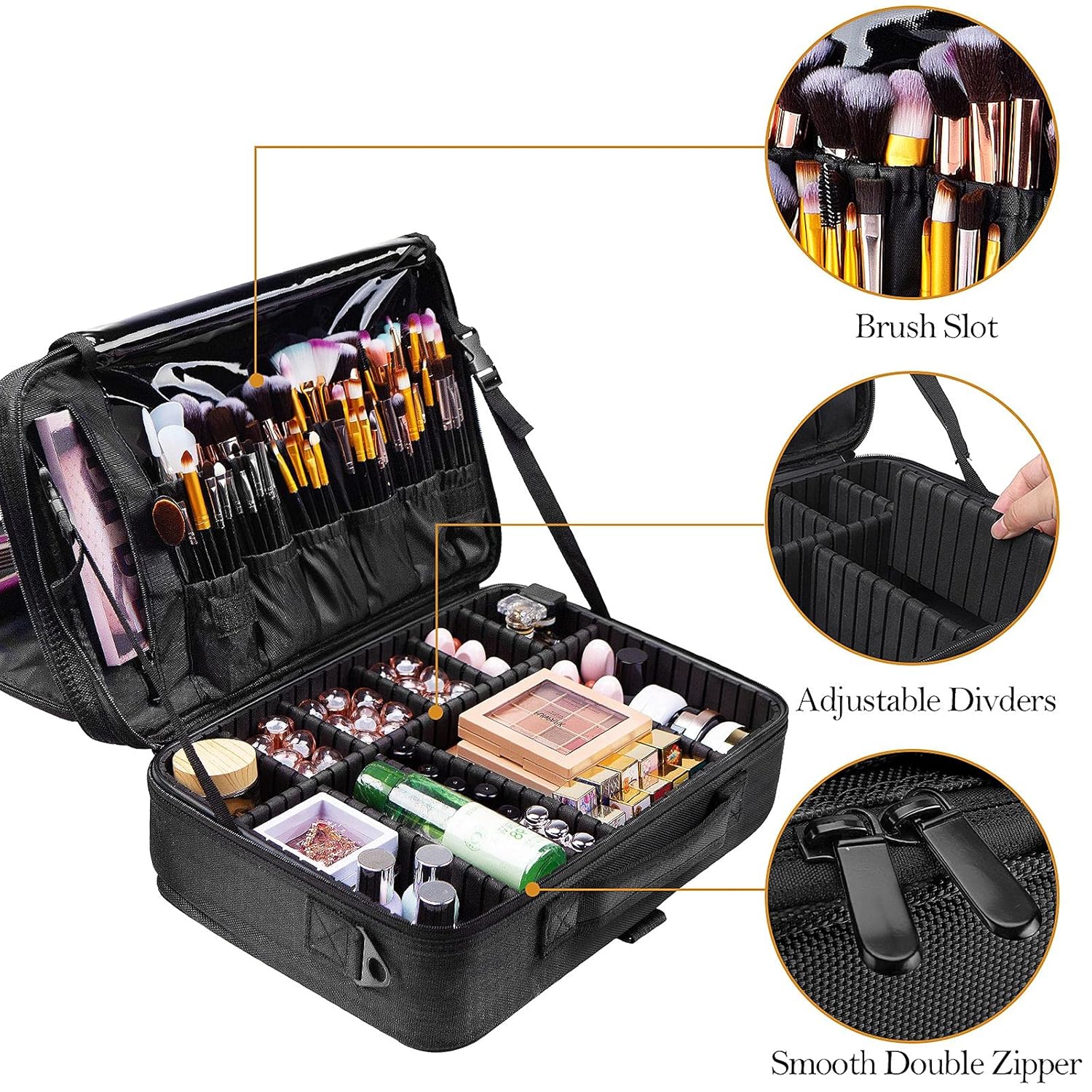 joyroom Large Makeup Bag 3 Layers Professional Travel Cosmetic Bag Makeup Organizer Case 15.7 inches Portable Artist Storage Brush Box with Adjustable Dividers and Strap for Makeup Accessories Black : Beauty