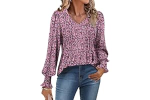 onlypuff Womens Tunic Tops V Neck Puff Long Sleeve T-Shirt Pleated Blouse Shirts Dressy S-XXXL