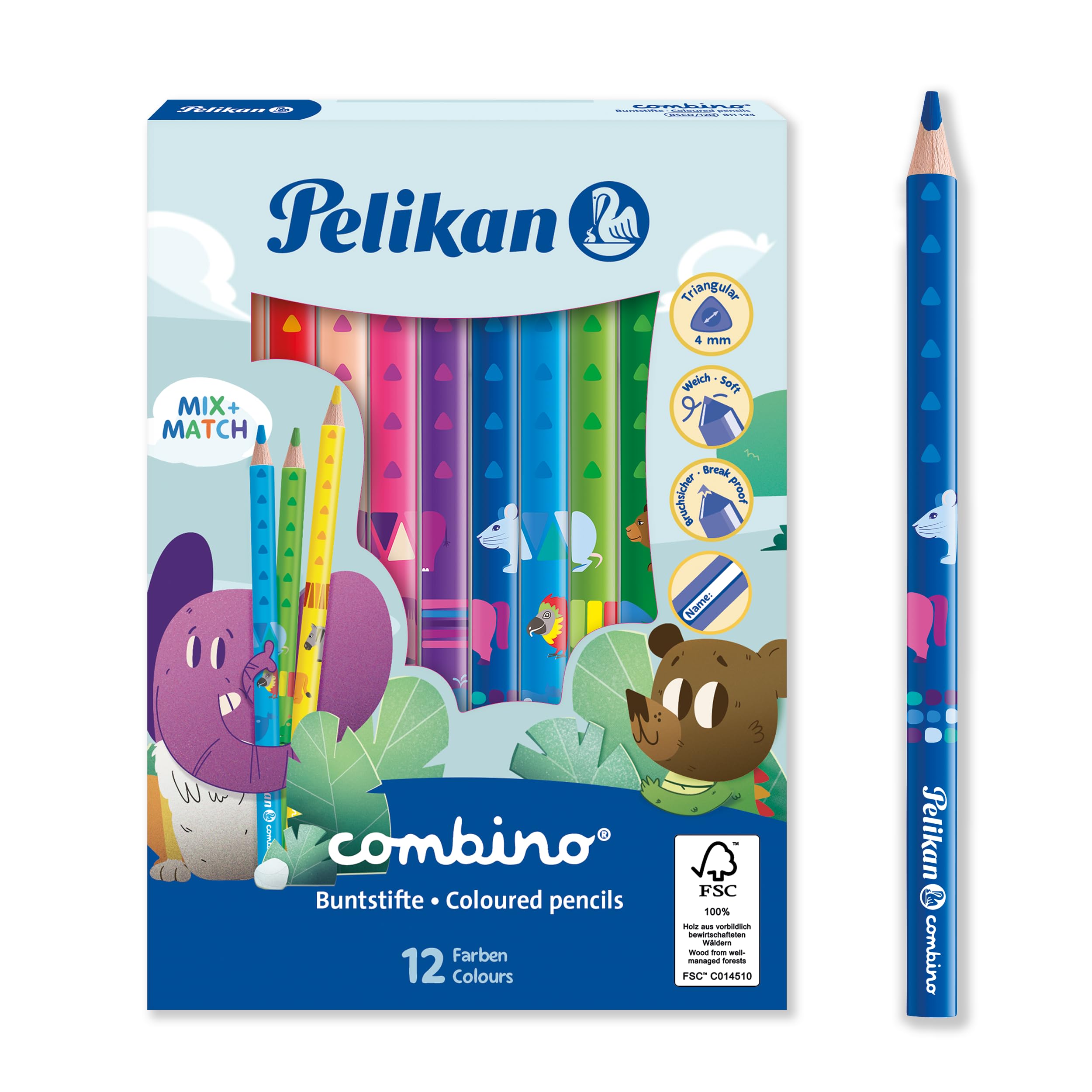 Pelikan Combino 12 Assorted Coloured Pencils for Children with Name Field, Triangular Ergonomic Design, FSC-Certified Wood, School & Home Learning, Drawing & Art Set