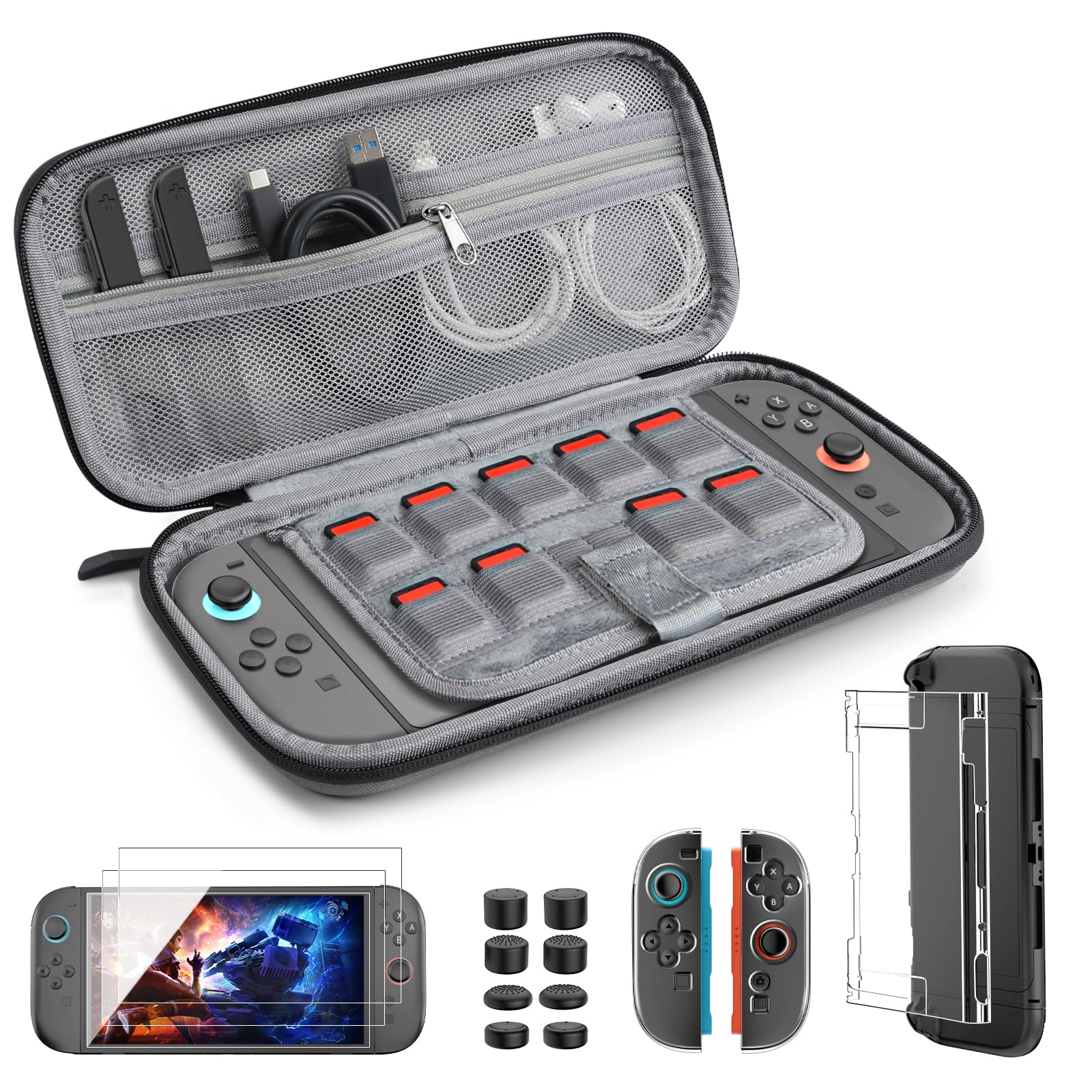 TiMOVO Accessories Bundle Kit for Nintendo Switch 2, 14 in 1 Switch 2 Accessories with Carrying Case, PC Protective Cover, TPU JoyCon Case, 2 Pack Screen Protectors and 8 Pack Thumb Grip Caps, Gray