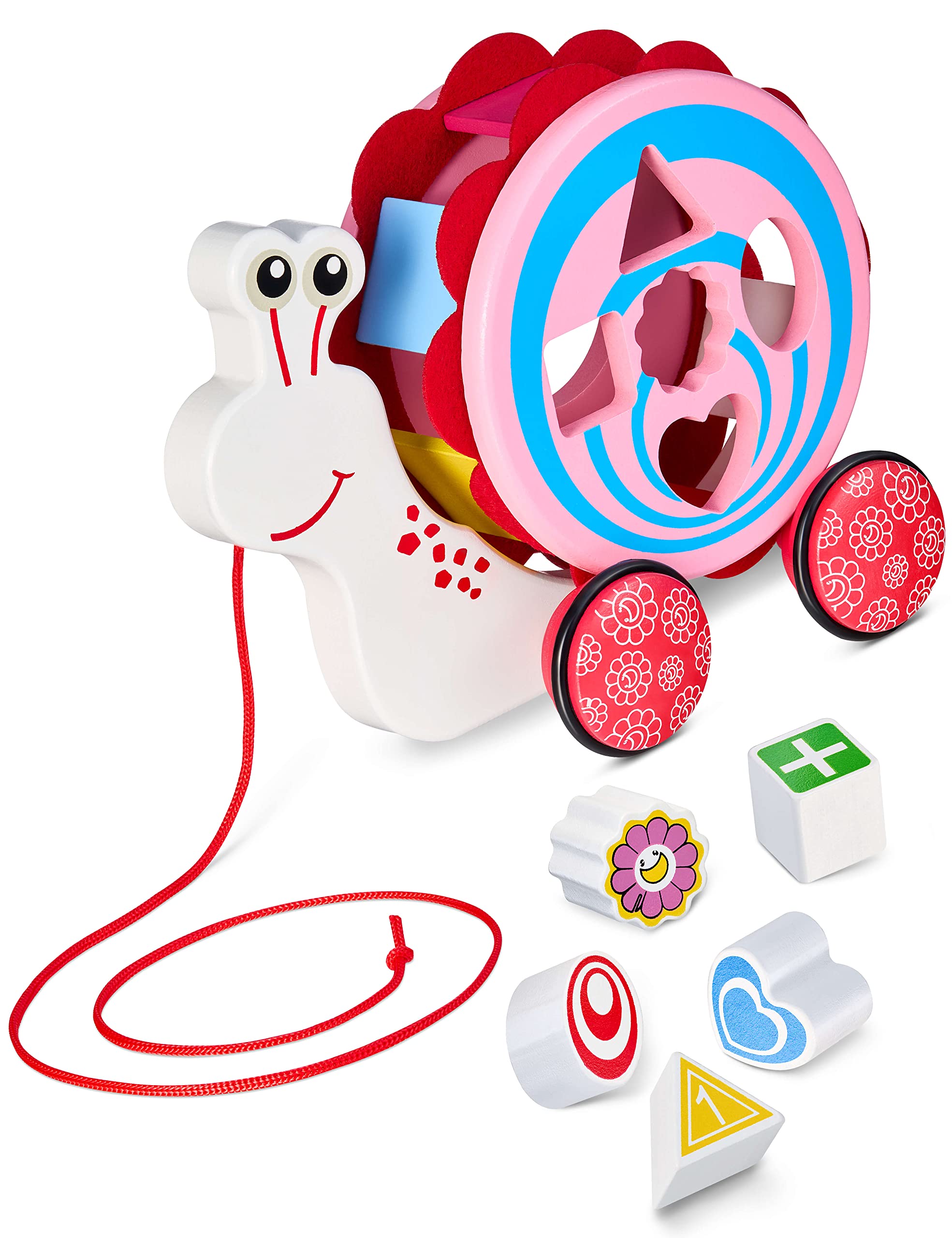 Balinco PUSHING TOY WOOD, Sliding animal snail with removable snail shell, Incl. 5 geometric shapes, Baby toy 1 year old