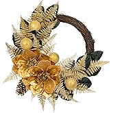 24" Christmas Wreath for Front Door – Artificial Winter Half Wreath with Gold Maglonia Flower, Ball Ornaments, Fern Leaves for Indoor & Covered Outdoor Holiday Christmas Decoration