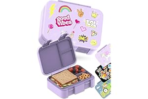 BEARFOOT Kids Lunch Box with Compartments – Compact & Lightweight | Leak-Proof, BPA-Free, Dishwasher & Microwave Safe | Hand-Drawn Design for Preschool, School, Travel (Sticker Purple, 2.75 Cups)