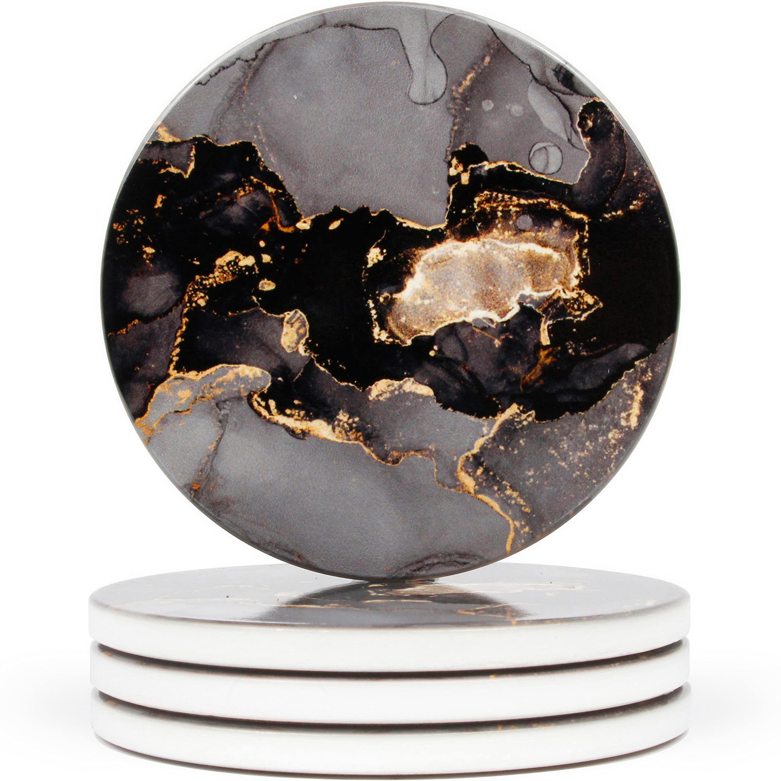 Naivasha Homeware Marble Coasters Set of 4 - Stunning Decorative Coasters in GLOSS Finish, Elegant Stone with Cork Bottom - Night