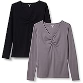 Amazon Essentials Women's Slim Fit Cinched V-Neck Long Sleeve Rib-Knit T-Shirt, Pack of 2