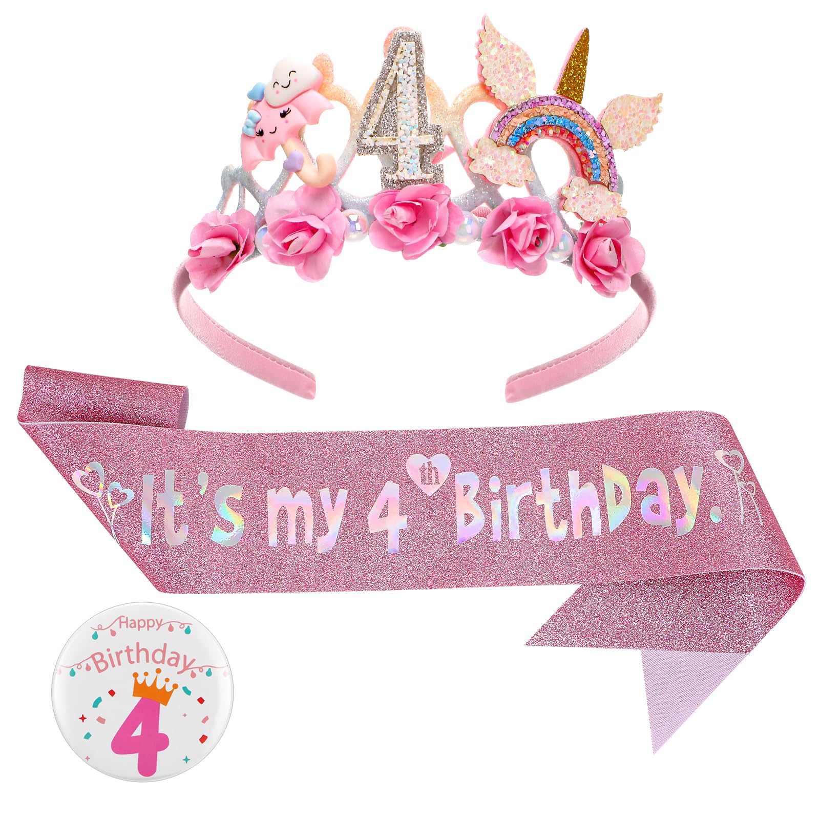 Birthday Girl Headband, 4th Floral Birthday Crown Glitter Sash and Badge Set for Birth Day Decorations Girls,Princess Crown Hats Girl Headband for Kids Princess Party Glitter Hair Band Decorations โ image 1
