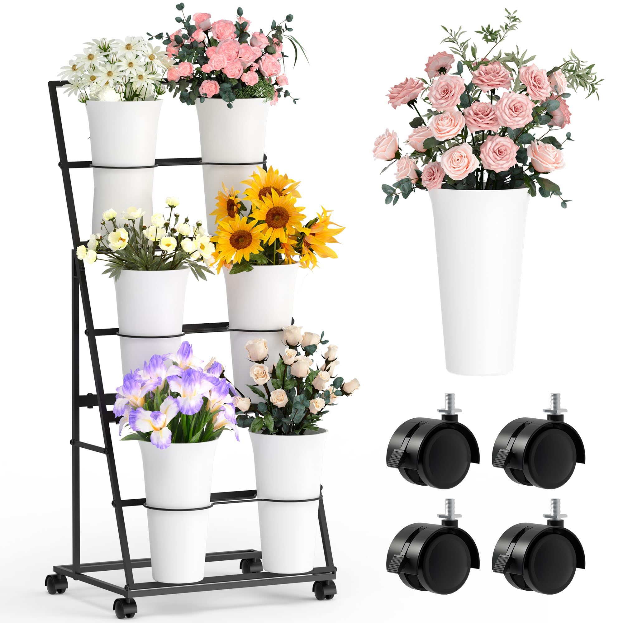 Photo 1 of Invech Flower Display Stand with 6 Buckets and Wheels, 3 Tier Flower Cart Display Stand for Indoor Outdoor Garden, Wedding, Flower Shop (Existing Patent)