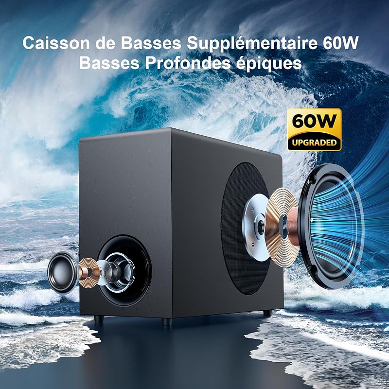 Barre de Son pour Téléviseur avec Caisson de Basses, 110W Home Cinema avec Deep Bass&Volume Boost&3 Modes d'égalisation, Bluetooth 5.3/Arc/Opt/AUX, Surround System pour TV/PC/Projecteur — photo 5 sur 8
