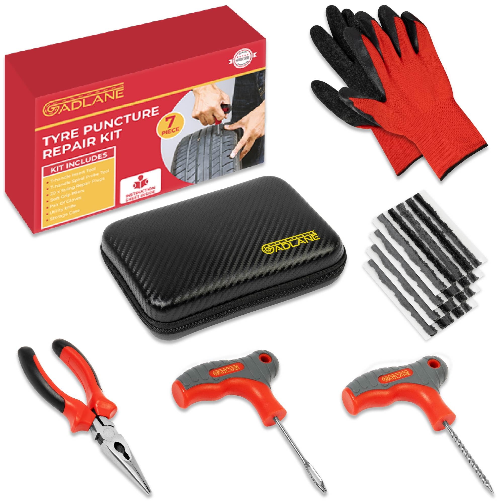 GADLANE Premium Tubeless Tyre Repair Kit - 7pcs Flat Tyre Repair Kit for Car, Motorcycle, Truck, ATV, Jeep, Tractor & More - Tubeless Car Tyre Puncture Repair Kit - Car Emergency Kit Tyre Repair