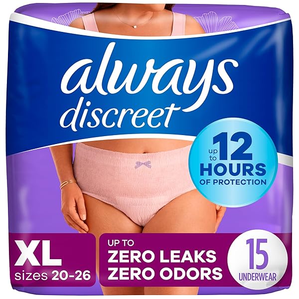 ALWAYS DISCREET ADULT INCONTINENCE & POSTPARTUM UNDERWEAR FOR WOMEN, CLASSIC CUT, SIZE X-LARGE, MAXIMUM ABSORBENCY, DISPOSABLE, 15 COUNT (PACK OF 1) (PACKAGING MAY VARY)