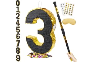 PCFING 20 Inch Number 3 Piñata Gold Black with 30 Inch Piñata Stick Blindfold Confetti for Man Women Kids Birthday Party Decorations, Anniversary Celebration, Fiesta