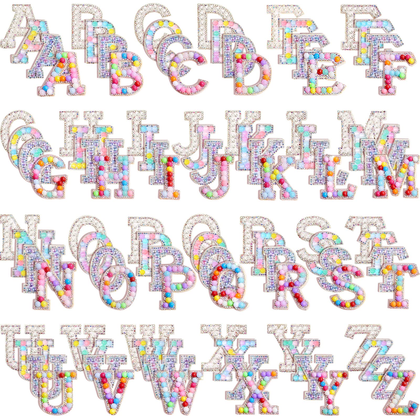 Photo 1 of 104 Pcs Pearls Rhinestone English Patches A-Z Glitter Pearl Sew on Patches Iron on Letters for Clothing Alphabet Applique Pearl Beaded Letter Patches for DIY Crafts Clothes, 4 Styles