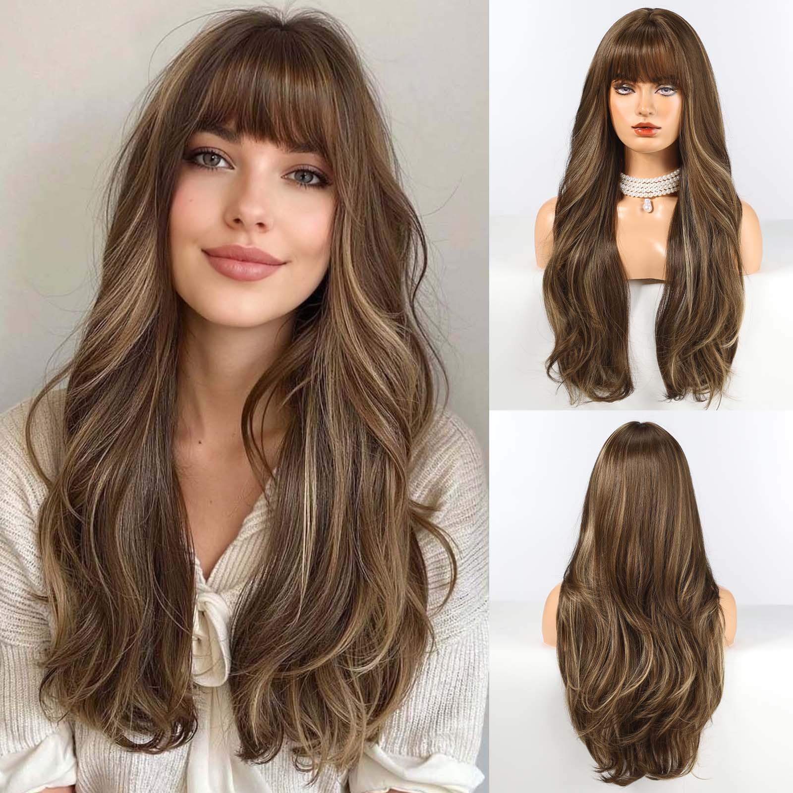 Photo 1 of HAIRCUBE Long Brown with Blonde Highlight Wig with Bangs 22 inch Layered Curly Wigs for Women Natural Synthetic Wigs for Daily Use (wig cap:22-24 inch)