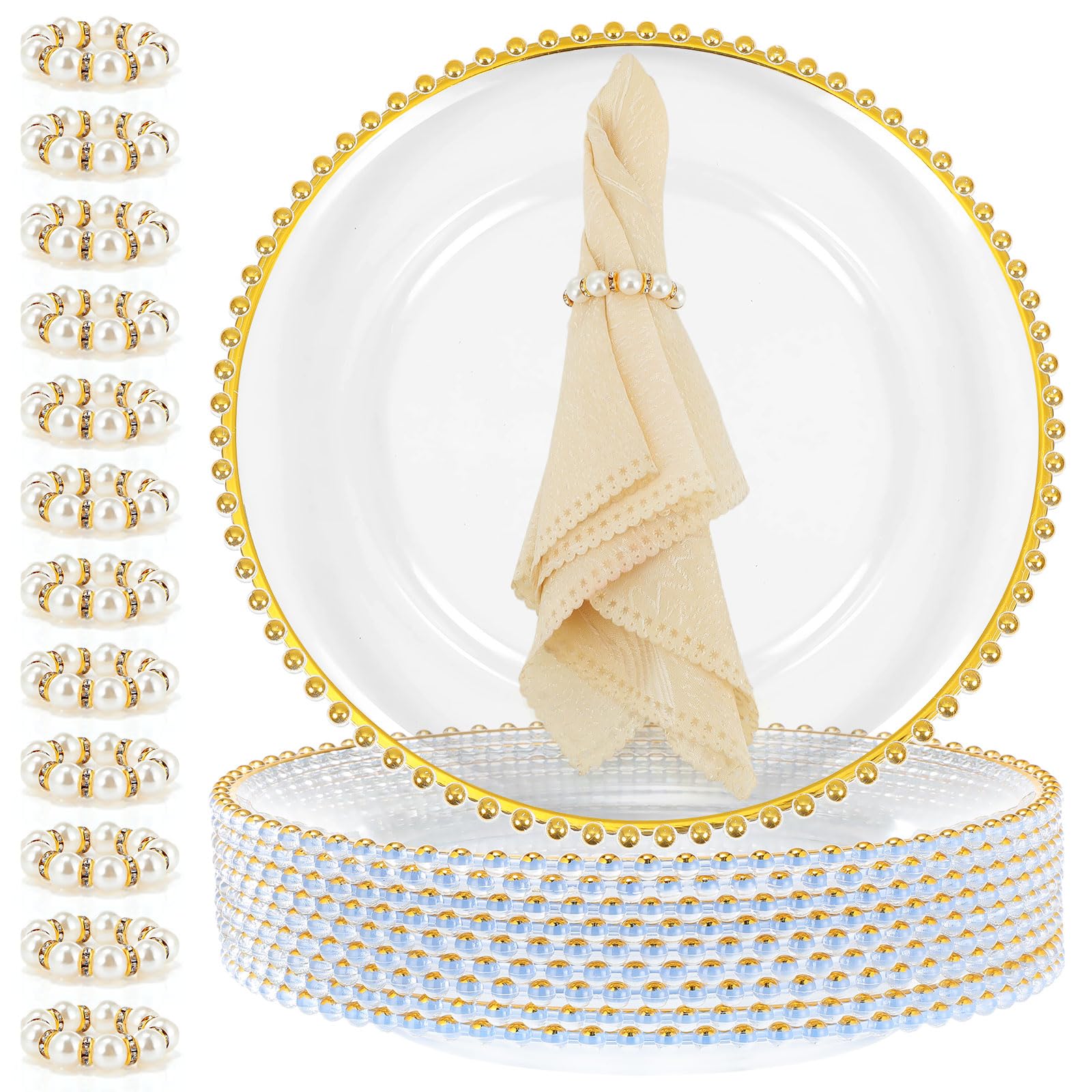 Photo 1 of Tioncy Clear Charger Plates with Napkin Rings Clear Beaded Charger Plates Dinner Table Decorative for Wedding, Party, Tabletop Decoration(Beaded Ring,Gold)