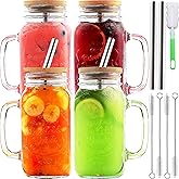 4 Pack 24 OZ Mason Jar Cups with Handle,Reusable Mason Jar Drinking Glasses,Mason Jars Mugs with Bamboo Lids and Stainless Steel Straws,Regular Mouth Glass for Iced Coffee Large Pearl Juices