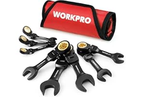WORKPRO 8-Piece Stubby Anti-slip Ratcheting Combination Wrench Set, SAE 5/16-3/4 in, 72-Teeth, CRV, Black Electrophoretic Coating, Flex-Head Wrench Set with Rolling Pouch