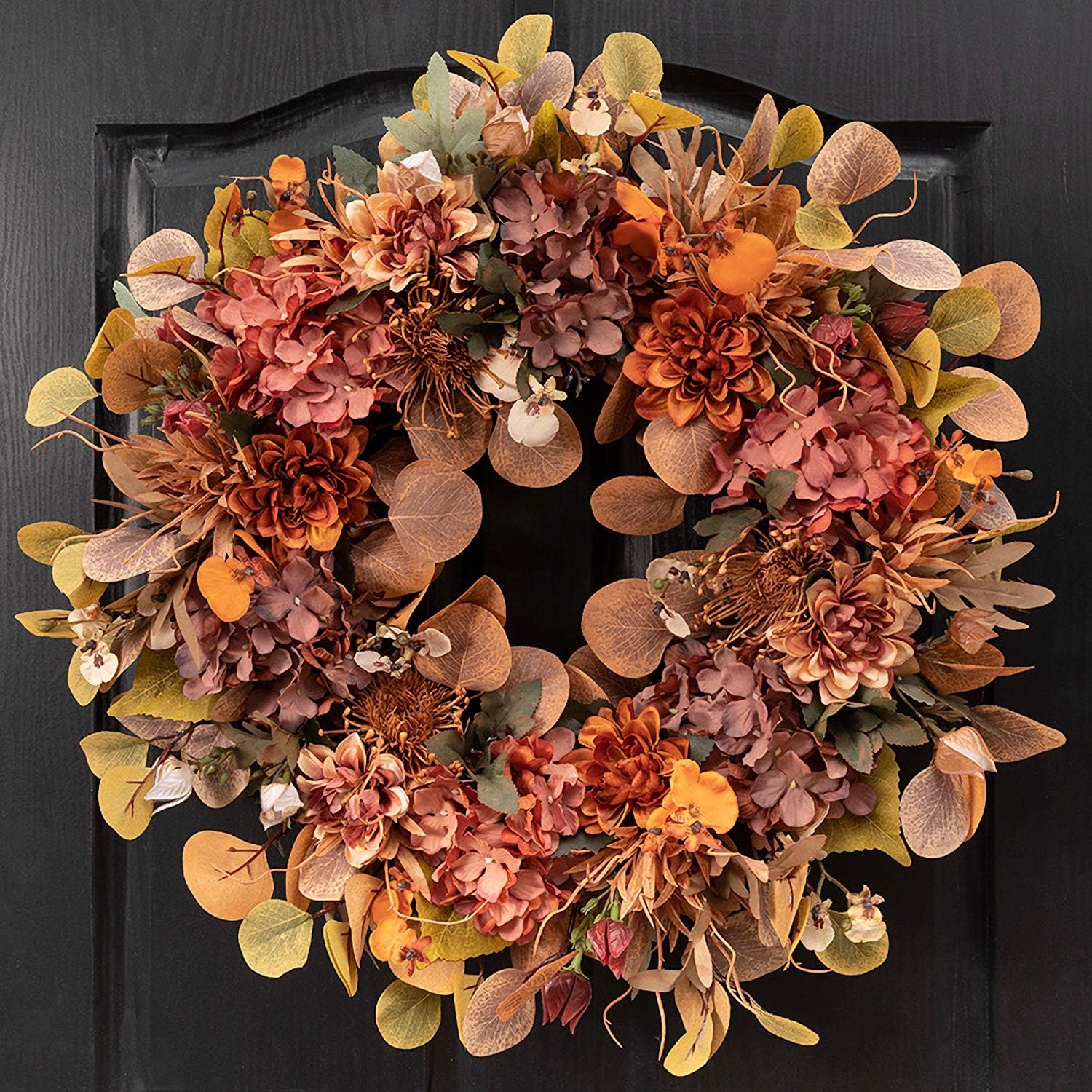 Amazon Com Qunwreath 20 Inch Fall Wreath Front Door Wreath Autumn Wreath Yellow Orange Dahlia Hydrangea Wreath Wreath For Front Door Home Wall Window Thanksgiving Decor Kitchen Dining