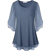 SeSe Code Womens Ruffle 3/4 Sleeve Mesh Blouses Loose Flowy Tops Stretchy Shirts