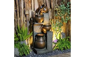 Bumilgar 53" H Large Water Fountain Outdoor-The 4 Cascading Modern Feature Crocks Garden Fountains and Waterfalls with Warm Lights for Porch, Deck, Patio, Backyard Home Décor (Gray)