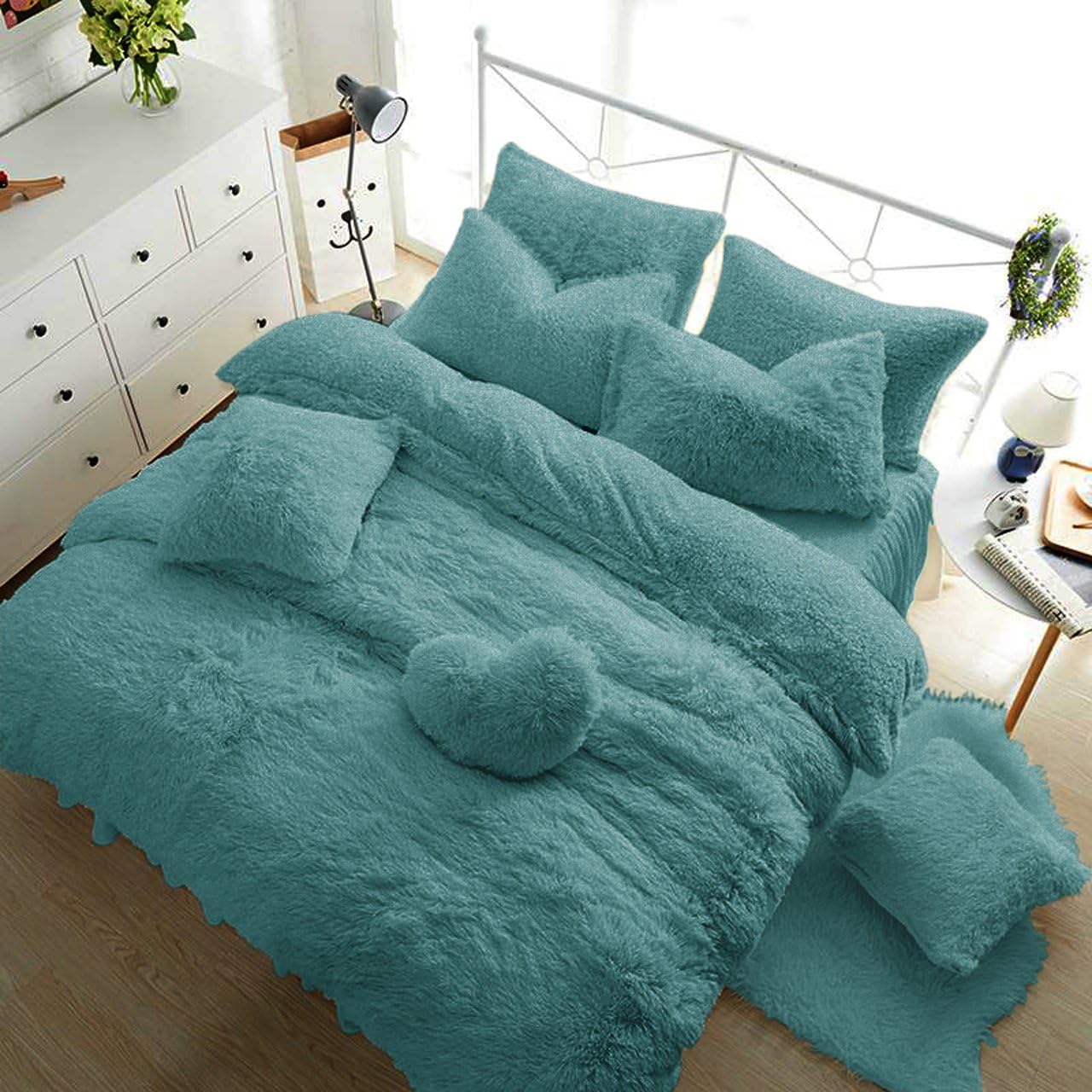 Teddy Fleece Duvet Cover with Pillow Case Thermal Warm Soft Cozy Bedding Bed Set (Teal, King Duvet Cover Inc P/Case)