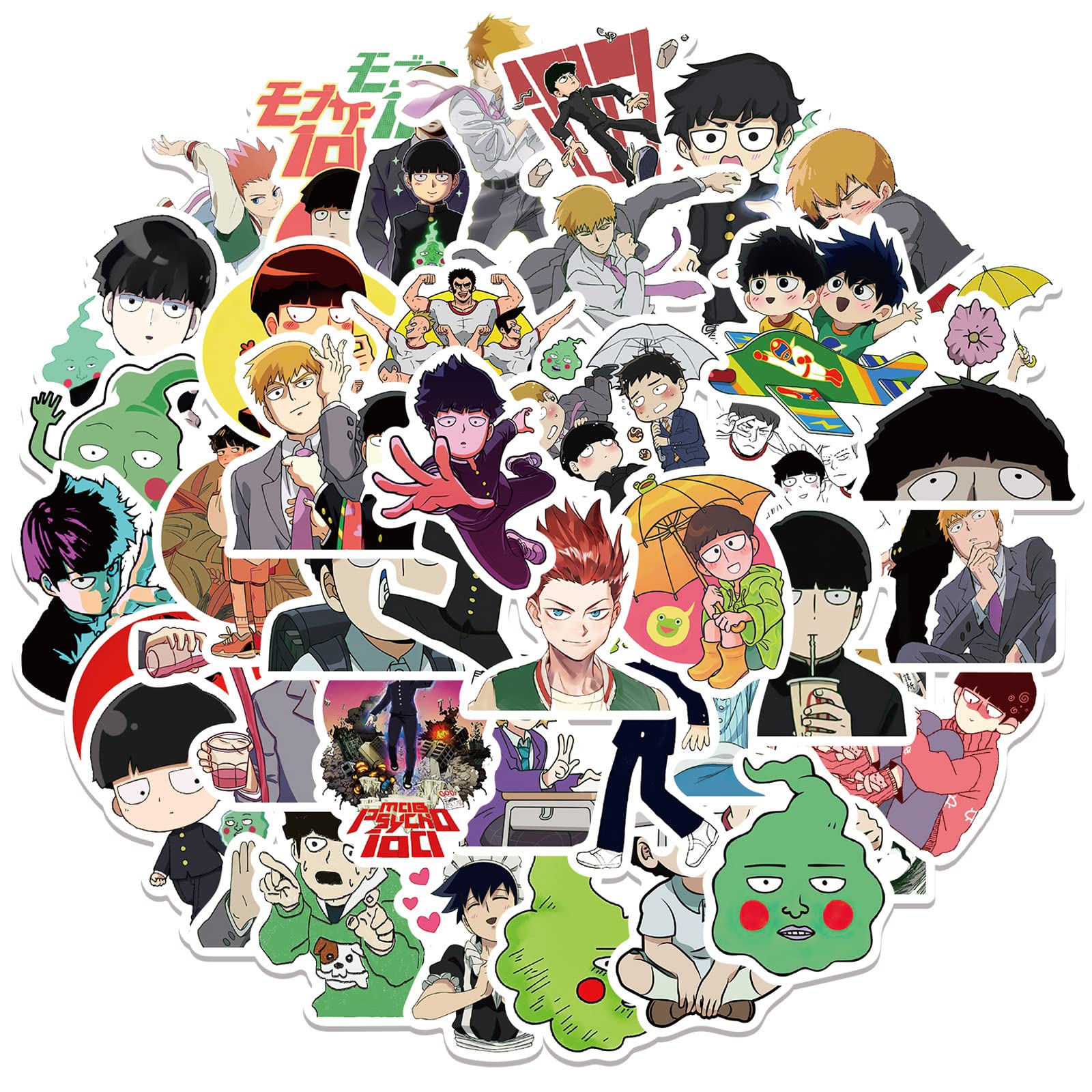 Anime Mob Psycho 100 Sticker Pack 50pcs, Vinyl Anime Sticker Decals for Water Bottles Laptop Skateboard Notebook, Gift for Adults Kids Teens — image 1
