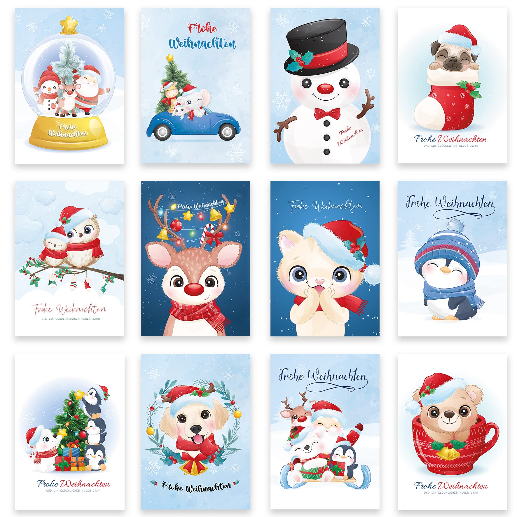 12 Christmas Cards Set Folding Cards with Envelopes Card Cards Business Envelopes Shiny Merry Christmas Xmas Light Blue Blue Cute Animal Motifs Gift Christmas Greetings
