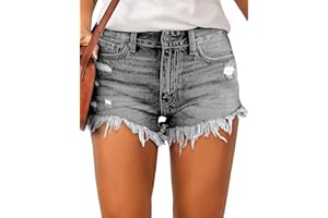 Necooer Womens Denim Shorts Summer Mid Waist Hem Ripped Stretchy Distressed Denim Shorts