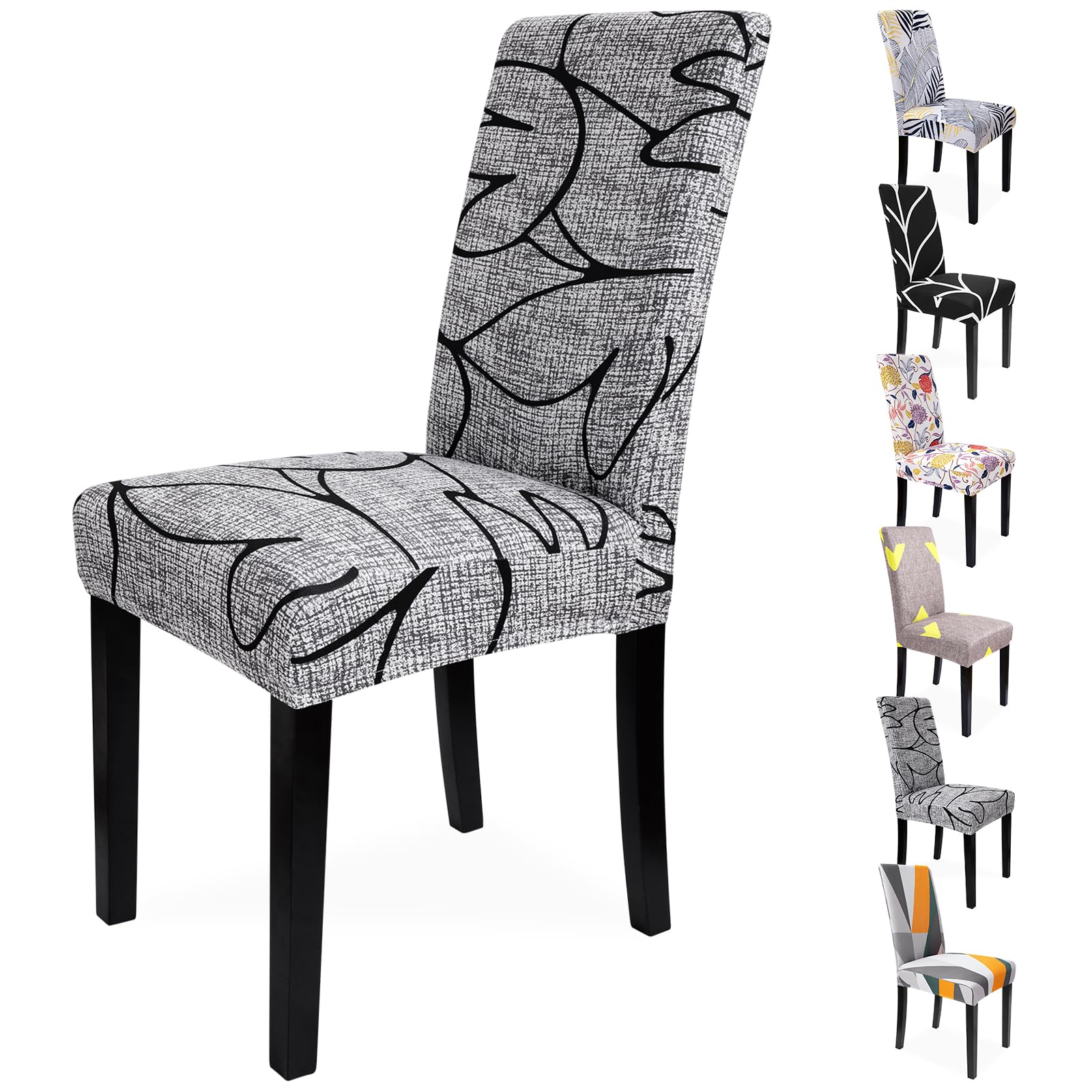 Zindoo Stretch Chair Covers for Dining Chairs Set of 6 Removable Dining Chair Covers Chair Slip Covers for Dining Room, Hotel, Kitchen, Ceremony (Grey-Black Lines, 6 Pack)