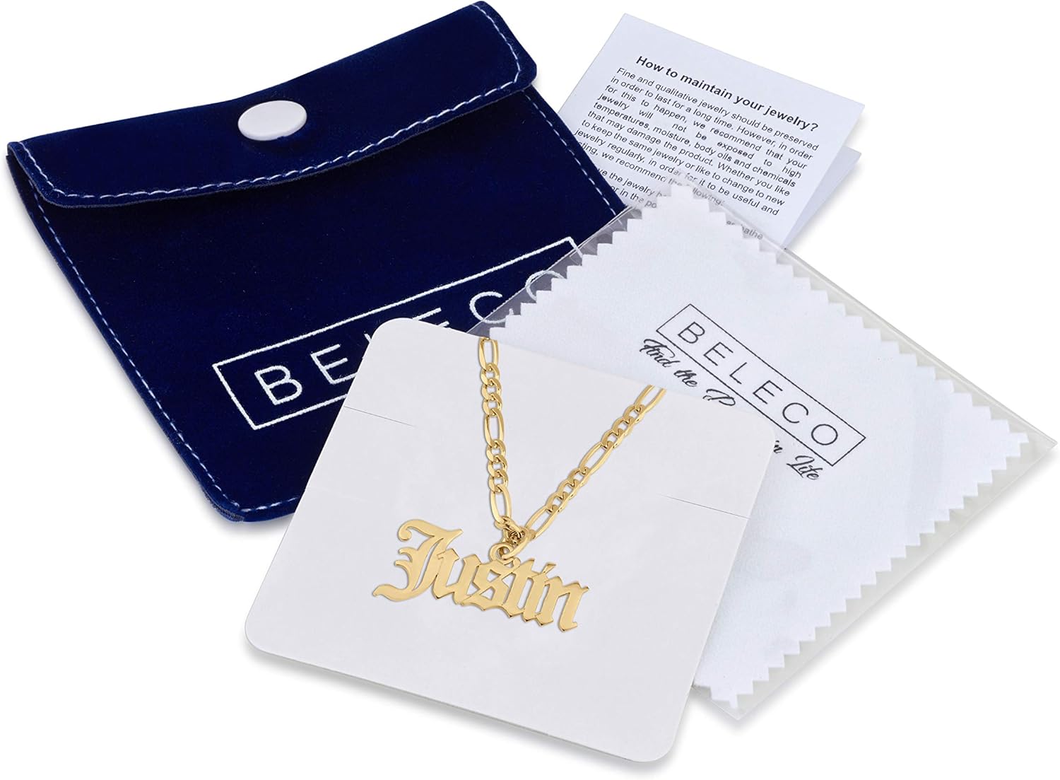 Beleco Jewelry Personalized Name Necklace With Figaro Chain in Sterling Silver 925 or Gold/Rose Plated 18k - Custom Name Jewelry - 15 Font Style - Old English Name Gothic Font: Clothing