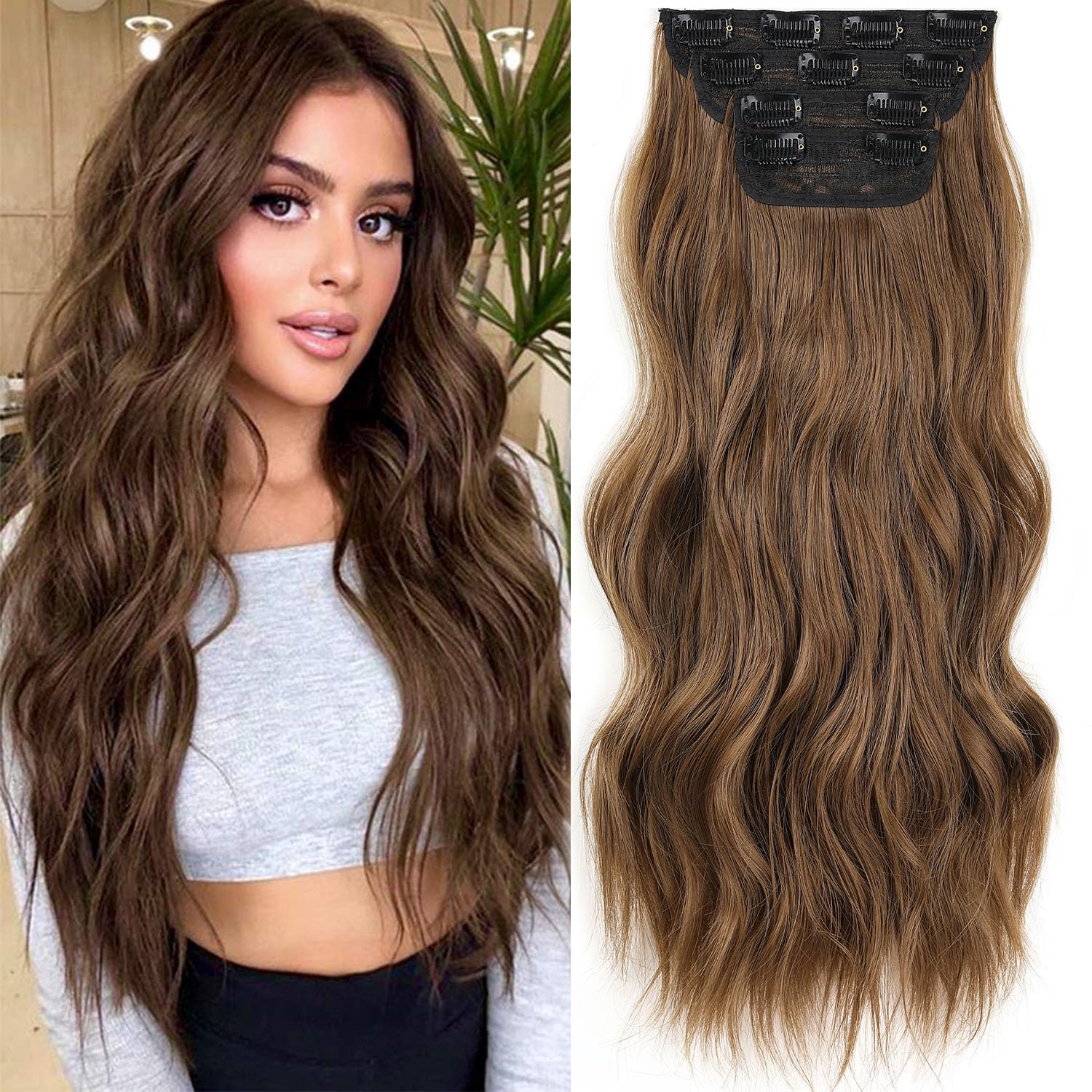 Mscat 20 Inch Long Wavy Clip-in Hair Extensions - Dark Brown Synthetic Hair Pieces, 4PCS Full Head Set, Thick Curly — image 1