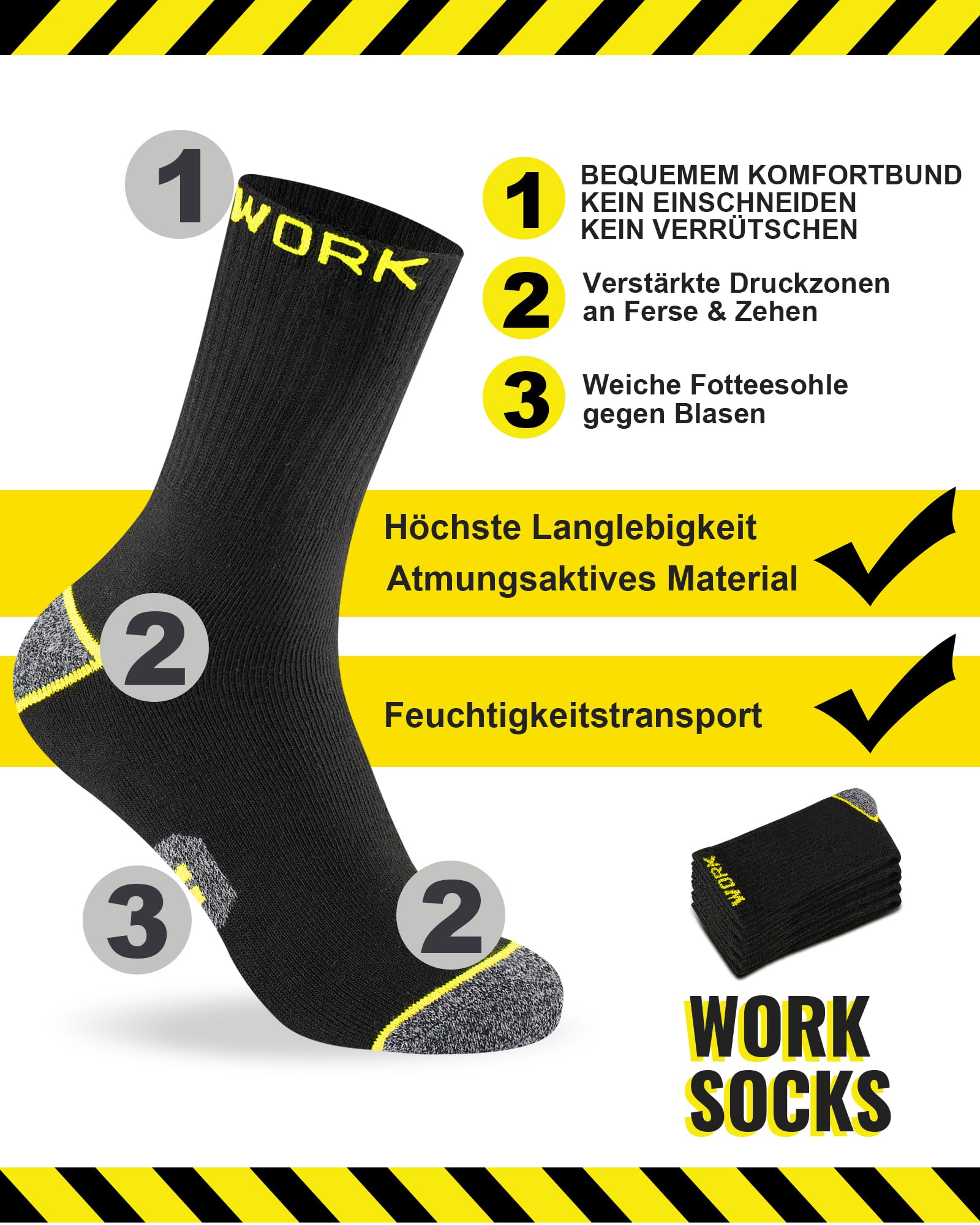 Effeet 10 Paar Arbeitssocken Herren Socken, Gepolsterte Verstärkte WORK Socken, Atmungsaktiv Funktionssocken mit Komfortbund, Lange Work Socks 7