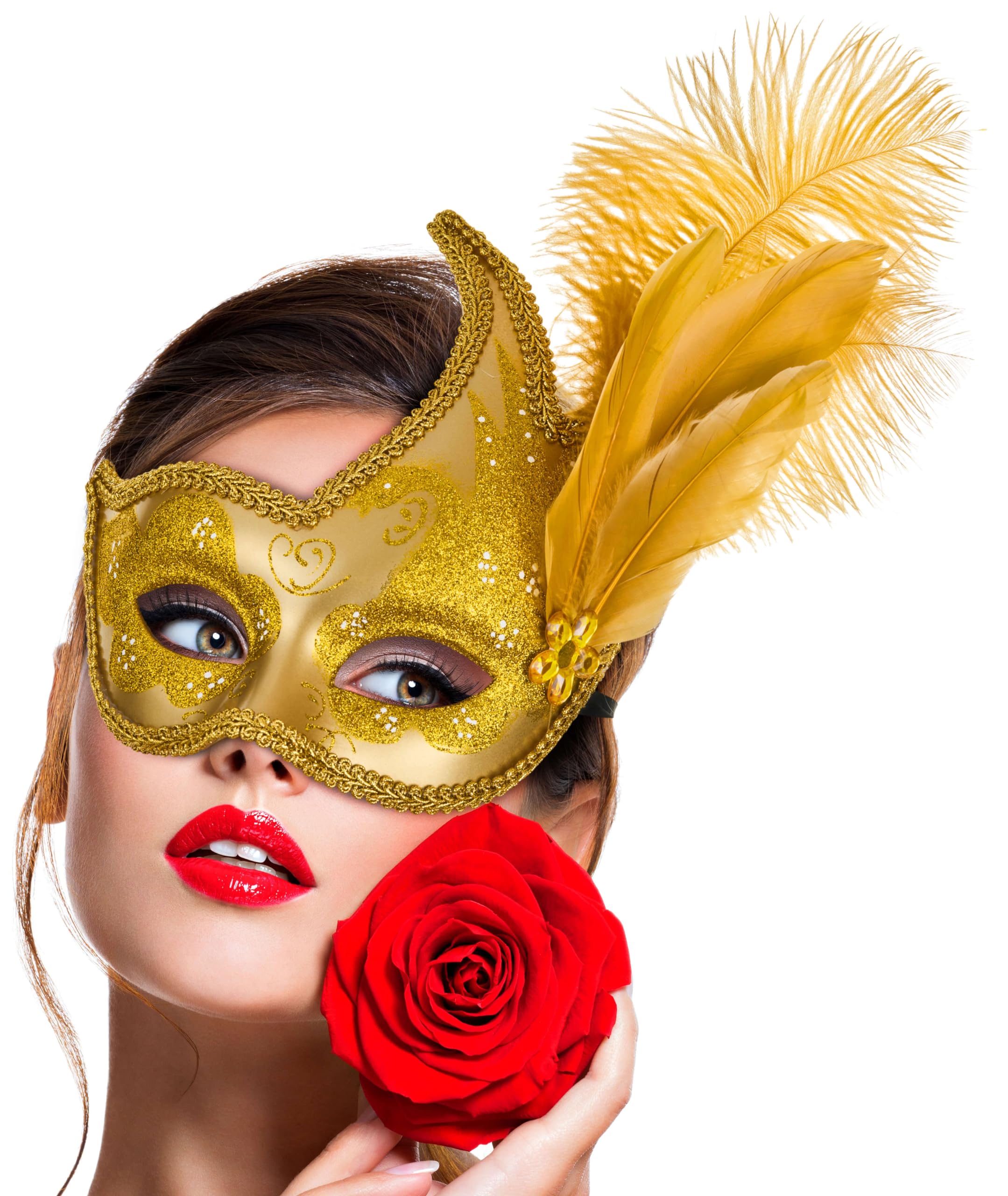 Balinco Venetian Mask, Gold with Feather, One Size Fits All, Costume Mask for Women, Girls, Halloween, Masquerade Ball, Carnival, Fancy Dress