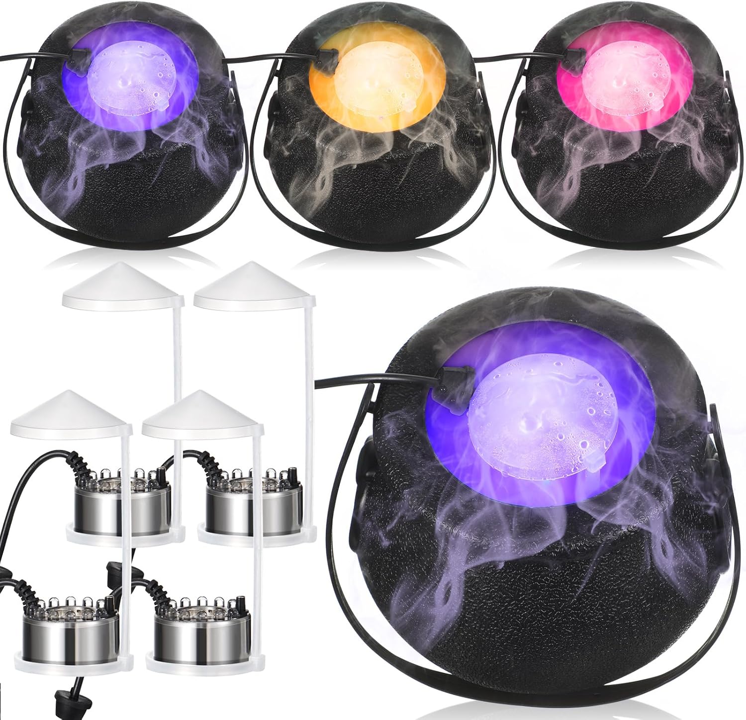 Indoor Fountains & Accessories - Retisee 4 Set Halloween Witches Cauldron Diffuser with 12 LED Light Mist Maker Fogger Color Change Witch Pot Black Plastic Cauldron Splash Guard for Halloween Decoration Holiday Party