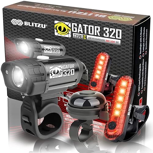 Cycling - BLITZU Bike Lights, Super Bright Bicycle USB-C Rechargeable Headlight, Taillight & Bell Set, Waterproof Safety Front & Rear Back light for Night Riding, Easy to Install for Men Women Kids Road Cycling