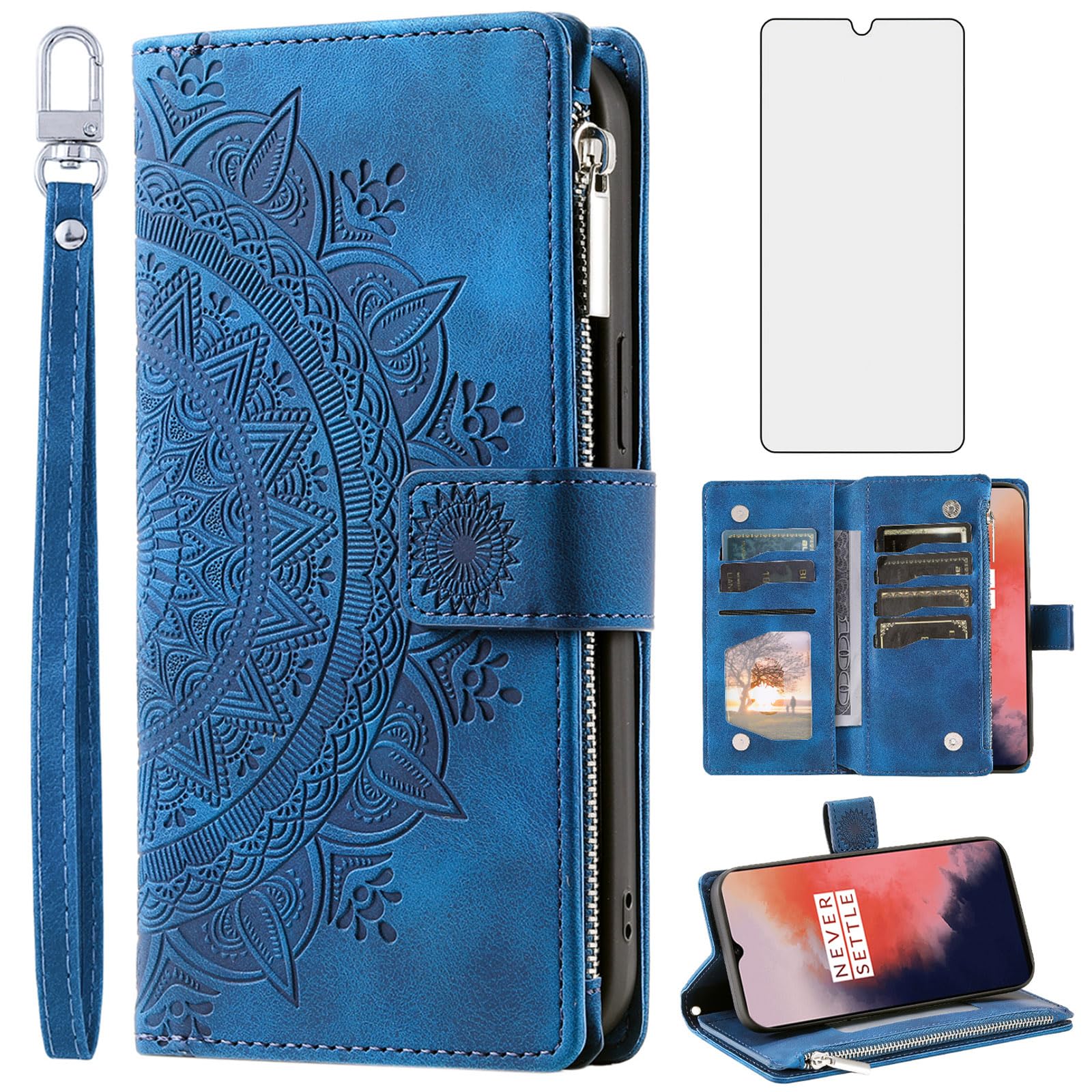 Asuwish Phone Case for OnePlus 7T Wallet Cover With Tempered Glass Screen Protector and Wrist Strap Mandala Flower Flip Zipper Card Holder Cell OnePlus7t 5G One Plus7T 1 Plus T7 1plus + 1+ 1+7T Blue