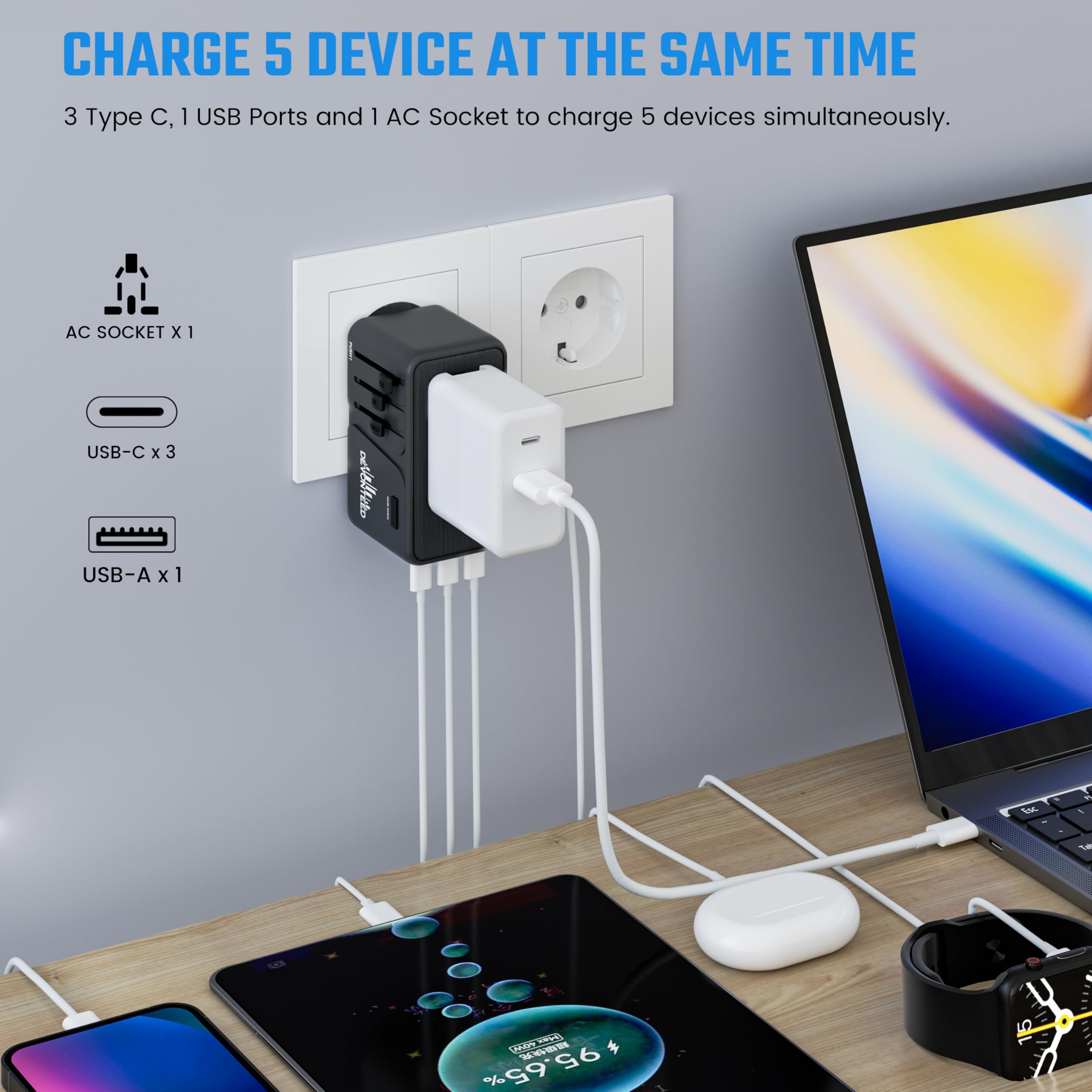 DEVONTEED 220V to 110V Travel Voltage Converter, Universal Travel Adapter with 3 USB C and 1 USB A, International Power Adapter Voltage Converter US to Europe AC Outlet Plug Step Down for US EU UK AUS (Black)
