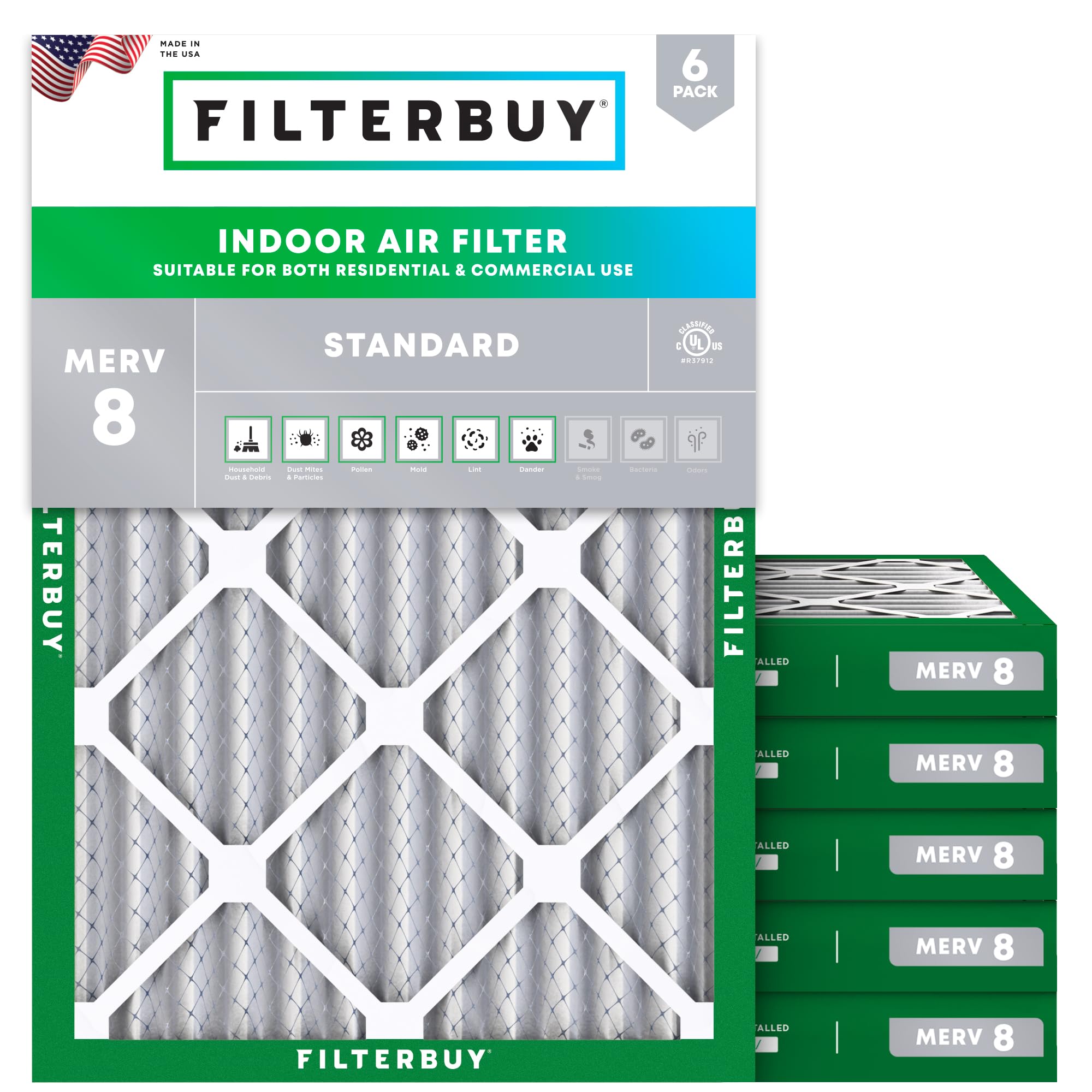Filterbuy 30x32x2 Air Filter MERV 8 Essential Dust & Allergy Defense (6-Pack), Electrostatic Pleated HVAC AC Furnace Filters Replacement, Made in USA (Actual Size: 30.00 x 32.00 x 1.75) Image