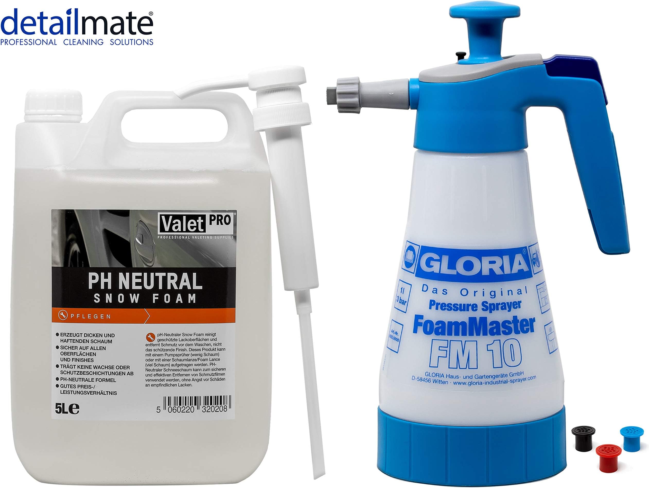 detailmatePrewash Set: Gloria FM10 Foam Sprayer Foam Master 1L + ValetPro pH Neutral Snow Foam 5L Dispenser Pump