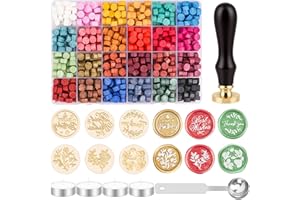 Aottom Wax Seal Kit, Wax Seal Stamp Kit with 24 Colors 624 Pcs Sealing Beads, 6 Packs Brass Stamp Heads, Melting Spoon, Tea Light Candles for Wedding Invitation Envelope Letter Christmas Gift Wrapping
