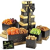 NUT CRAVINGS - Purim Mishloach Manot Dried Fruit & Mixed Nuts Gift Basket, Black Tower + Ribbon (8 Assortments) Ramadan Gifts Food Arrangement, Healthy Snack Care Package, Kosher