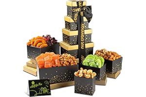NUT CRAVINGS - Valentines Dried Fruit & Mixed Nuts Gift Basket, in Black Tower + Ribbon (8 Assortments) Xmas Treats for Adults, Food Arrangement, Healthy Snack Care Package, Kosher